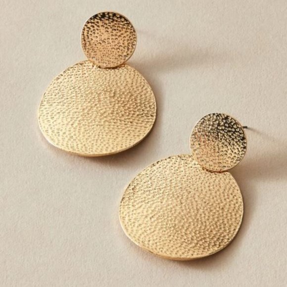 Gold Textured Round Circle Drop Statement Earrings - Picture 3 of 4